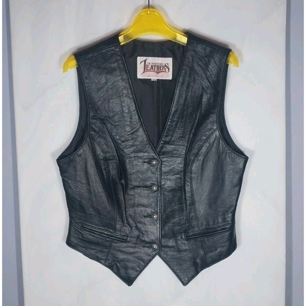 Vintage Diamond Leathers Black Leather Vest Womens Sz 10 USA Moto